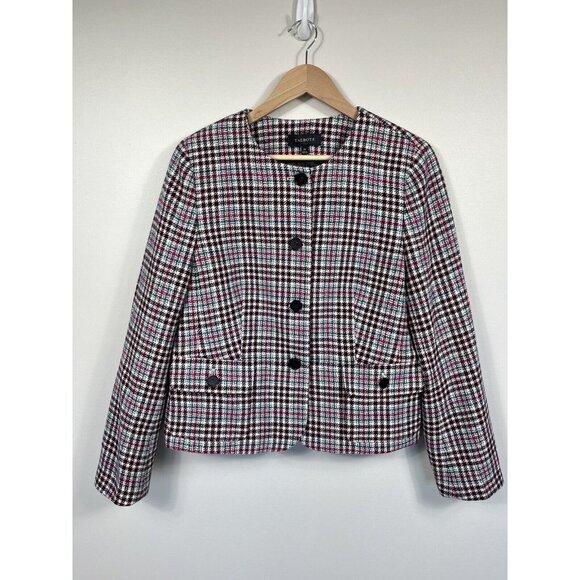 Talbots Jackets & Blazers - Talbots Blazer Womens 14 Pink Green Blue Houndstooth Collarless Wool Pockets